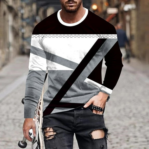 QUINDOS T Shirts for Men,Men Fall And Winter Fashion Casual Round Neck Long Sleeve Pullover Printed Features Comfy Outdoor T-shirt
