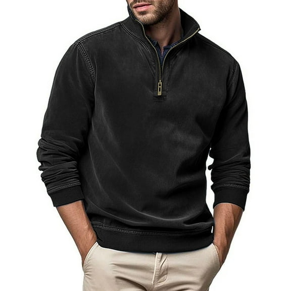 QUINDOS T Shirts for Men,Men's Fall And Winter Fashion Casual Solid Color Zipper Long Sleeve St Up Collar Comfort Outdoor T Shirt