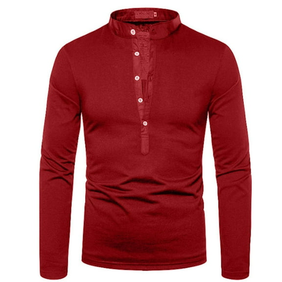 QUINDOS T Shirts for Men,Mens Fall And Winter Fashion Casual Solid V St Neck Long Sleeve Button Comfy Outdoor T-shirt