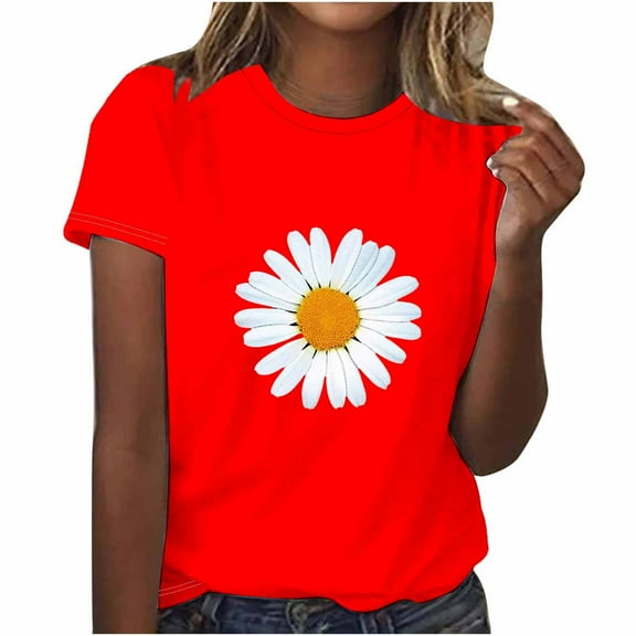 QUINDOS T Shirts for Women Casual Daily Floral Graphic Short Sleeve Crew Neck Tops for Women