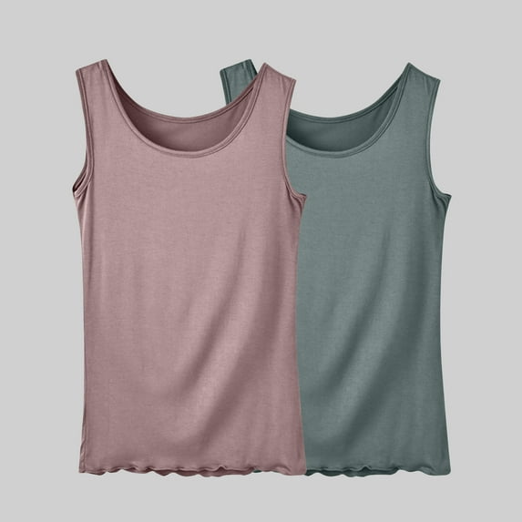 QUINDOS Tank Tops for Women Athletic 2 Pack Summer Camisoles for Women Workout Sleeveless Strap Crew Neck Multi Pack Shirts Tops Loose Solid Color Undershirts