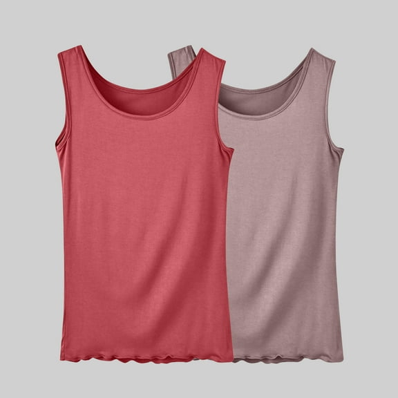 QUINDOS Tank Tops for Women Athletic Summer 2 Pack Camisoles for Women Plus Sleeveless Strap Multi Pack Crew Neck Gym Cami Tops Ruffle Loose Solid Color Undershirts