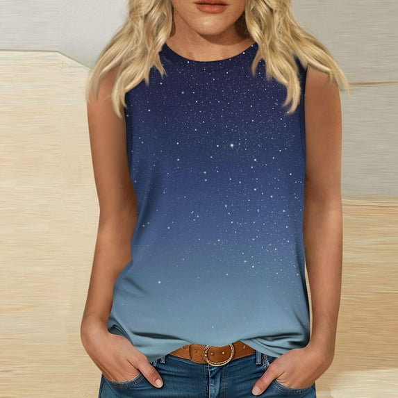 QUINDOS Tank Tops for Women 2025 Dark Blue Yoga Summer Casual Fashion Printed Loose Round Neck Sleeveless Camisoles for Women