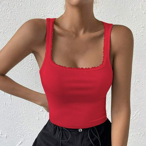QUINDOS Tank Tops for Women 2025 Yoga Red Summer Fashion Casual Round- Neck Sleeveless Lace Solid Tops Blouse Womens Camisoles 2025