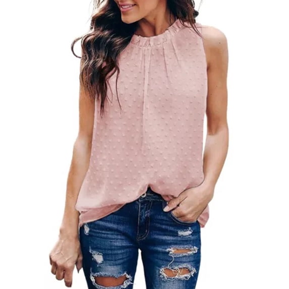 QUINDOS Tank Tops for Women Clearance Sports Pink Summer Solid Color Dots Round Neck Sleeveless Tee Tops T-Shirt Camisoles for Women Plus Size