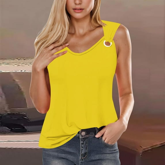 QUINDOS Tank Tops for Women Clearance Sports Yellow Summer Solid Color Camisole Sleeveless T-shirt Loose Tank Tops Camisoles for Women Plus Size