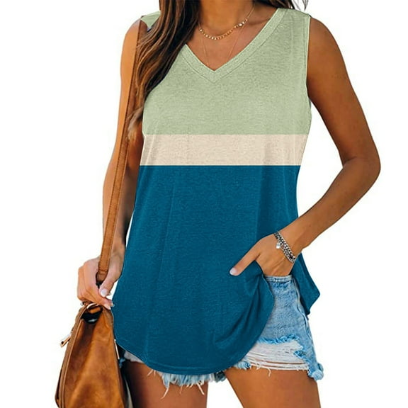 QUINDOS Tank Tops for Women Green Workout Tank V-Neck Basic Casual Flowy Summer Sleeveless T-Shirt Camisoles for Women