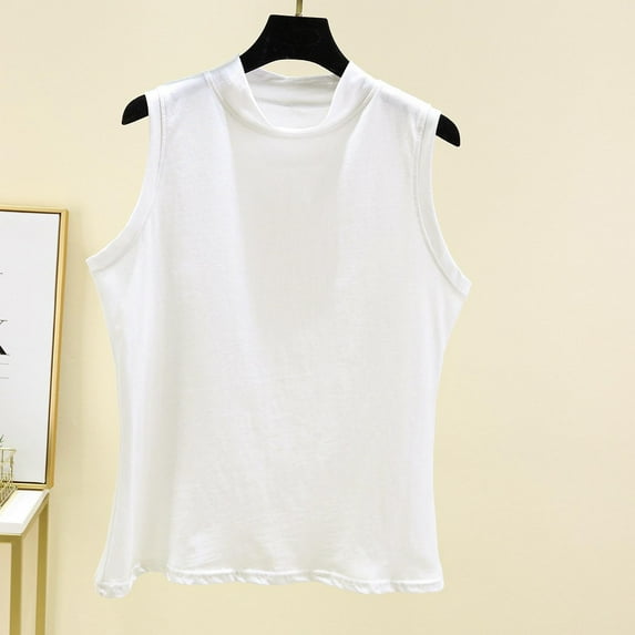 QUINDOS Tank Tops for Women Plus Size Cotton Exercise White Summer Solid Round Neck Half High Collar Sleeveless Round Neck Camisoles for Women