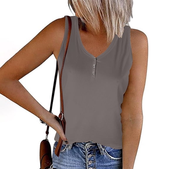 QUINDOS Tank Tops for Women Plus Size Gray Summer Exercise Striped Round Neck Button Elastic Tank Tops Womens Camisoles 2025