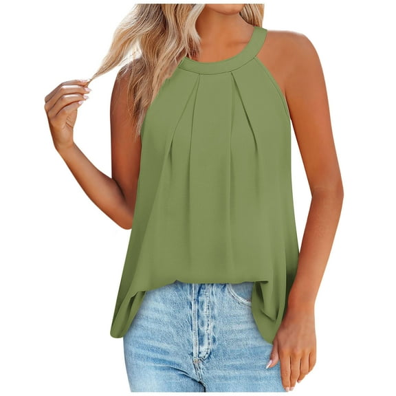 QUINDOS Tank Tops for Women Plus Size Summer Green Exercise solid color pullover fashionable casual round neck strap button Tops Camisoles for Women