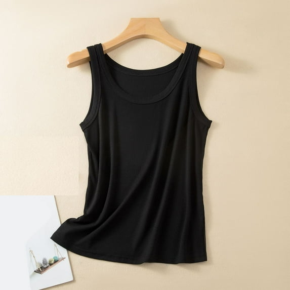 QUINDOS Tank Tops for Women Summer Workout Black Solid Color Loose Sleeveless Round Neck T-shirt Home Tops Thin Bottoming Shirt Camisoles for Women