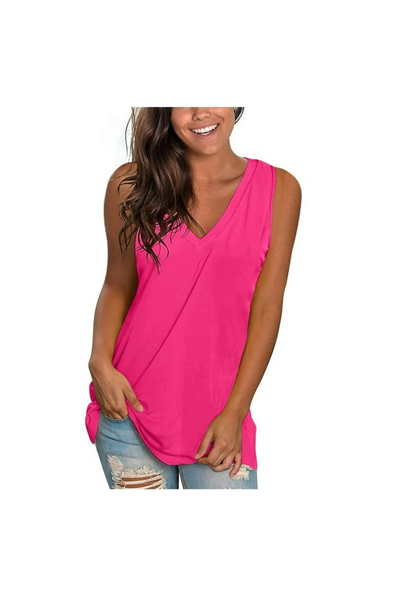 Tank Tops for Women Summer Workout Hot Pink Fashion Solid Loose Sleeveless V-Neck T-shirt Pullover Camisoles for Women 2025