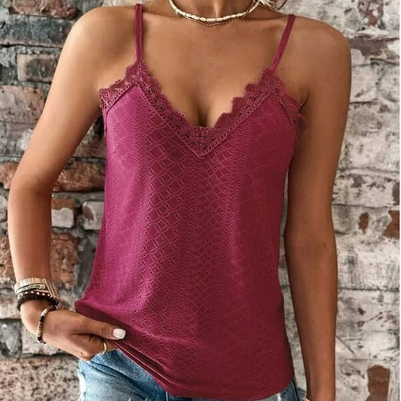QUINDOS Tank Tops for Women Wine Summer Workout Fashion Sleeveless Color V-Neck Blouse Womens Camisoles