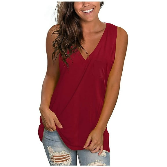 QUINDOS Tank Tops for Women Wine Workout Summer Casual Solid V-Neck Pocket Sleeveness Tops Loose Vest Blouses Womens Camisoles 2025