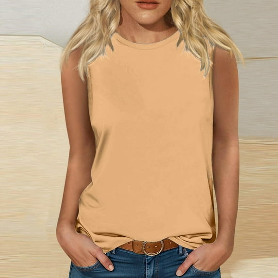 QUINDOS Tank Tops for Women Workout Yellow Summer Casual Fashion Solid Color Loose Round Neck Sleeveless Camisoles for Women 2025
