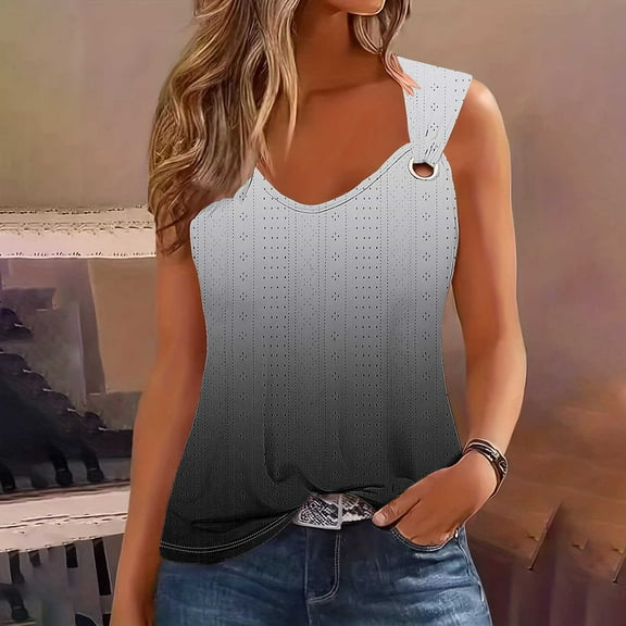 QUINDOS Tank Tops for Women under $5 Basic Summer Black Gradient Color Sleeveless V-neck Tops Camisoles for Women Plus Size