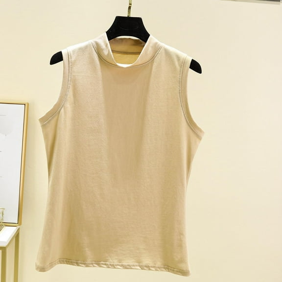 QUINDOS Tank Tops for Women under $5 Basic Summer Khaki Cotton Solid Round Neck Half High Collar Sleeveless Round Neck Camisoles for Women Plus Size