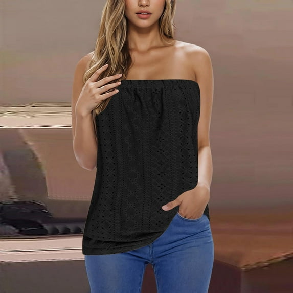 QUINDOS Tank Tops for Women under $5 Black Basic Strapless Bandeau Tank Summer Casual Sleeveless Tube Shirt Blouse Tanks Womens Camisoles Plus Size