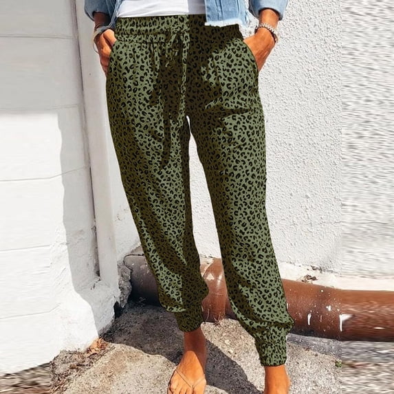 QUINDOS Taper Pants for Women Plus Size Ankle Length High Waisted Athletic Sweatpants Leopard Loose Pants with Pockets