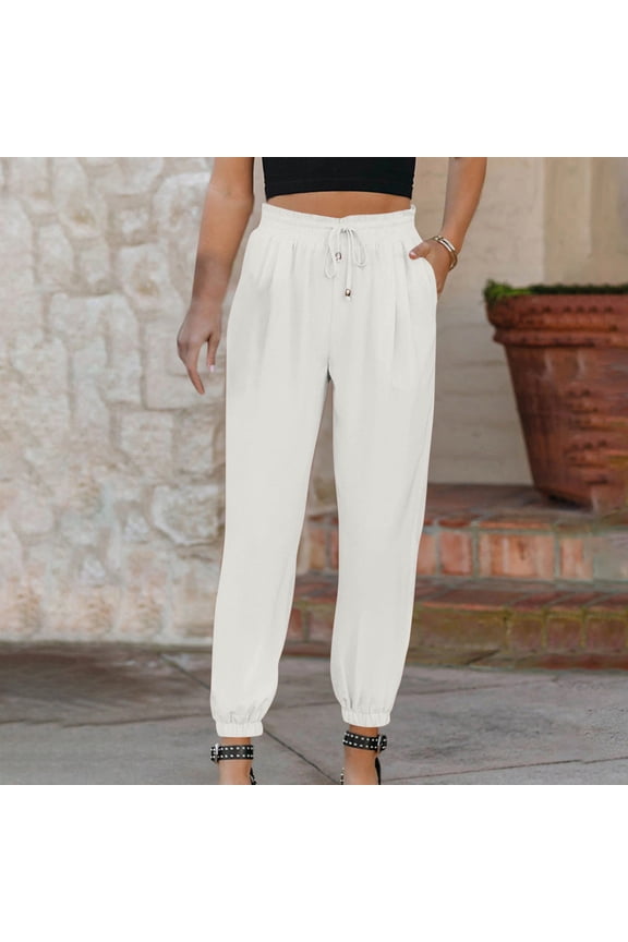 Taper Womens Wide Leg Pants Long High Waisted Athletic Sweatpants Cotton Linen Drawstring Relaxed Fit Pants with Pockets