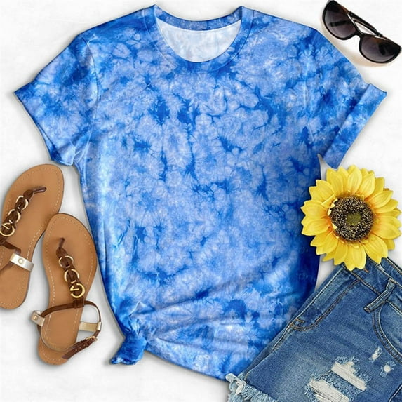 QUINDOS Tie Dye Women T-Shirts Blue Short Sleeve Summer Womens Plus Size Tops Crew Neck Beach Tops