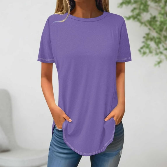 QUINDOS Tunic Women Tshirts Under $10 Summer Short Sleeve Purple Plus Size Womens Tops Casual Crew Neck Solid Tops