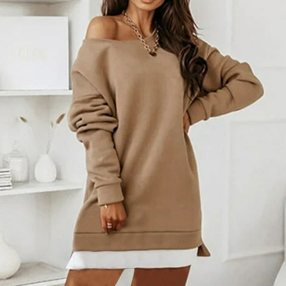 QUINDOS Tunic Women's Sweatshirts Oversized Winter Cold Shoulder Long Sleeve Solid Color Crewneck Pullover Tops