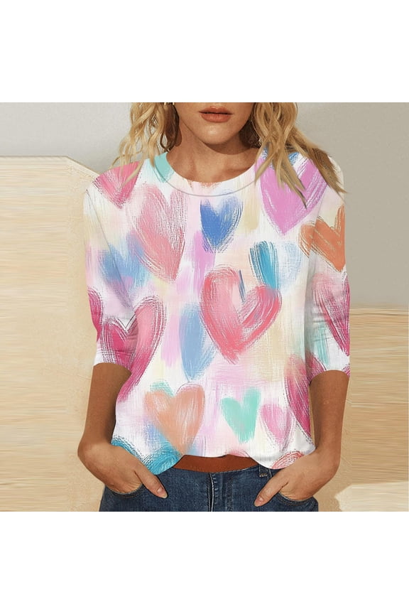 Valentine Plus Fashion 3/4 Sleeve Crew Neck Love Romantic Shirts Tops