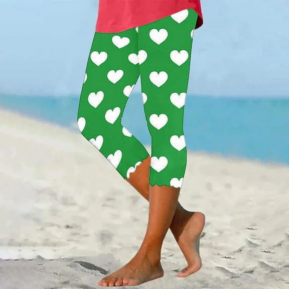 QUINDOS Valentine's Day Leggings for Women Capri High Waist Heart Print Cropped Yoga Pants