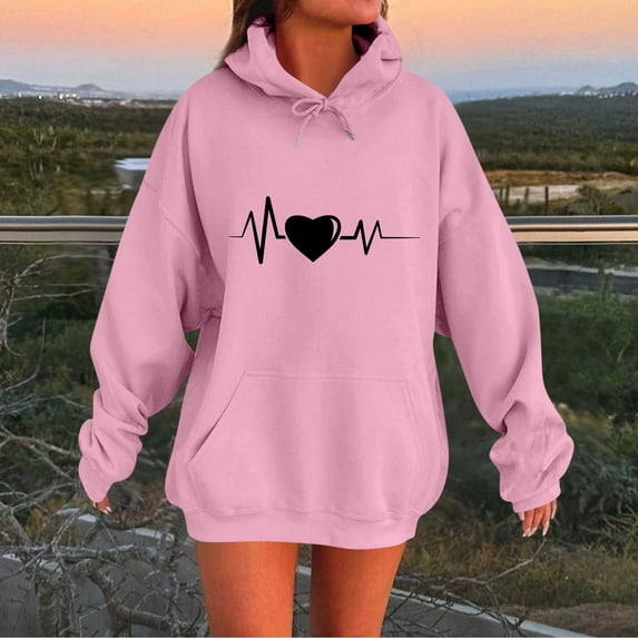 QUINDOS Valentine's Day Sweatshirts for Women Casual Graphic Long Sleeve Hooded Pullover Tops