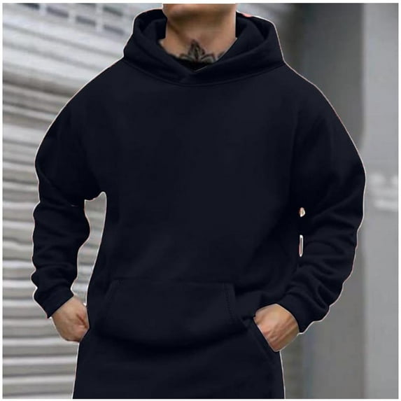QUINDOS Warm Sweatshirts for Men Solid Color Mens Hoodies Pullover Lightweight Long Sleeve Casual Pullover Tops Kangaroo Pocket