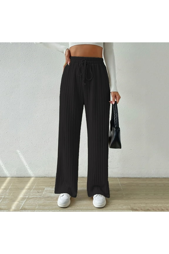 Wide Leg Pants for Women 2024 High Waisted Long Casual Pants Knit Drawstring Straight Fit Trousers with Pockets