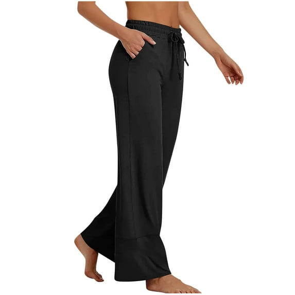 QUINDOS Wide Leg Pants for Women Plus Size Full Length High Waisted Casual Pants Drawstring Loose Trousers with Pockets
