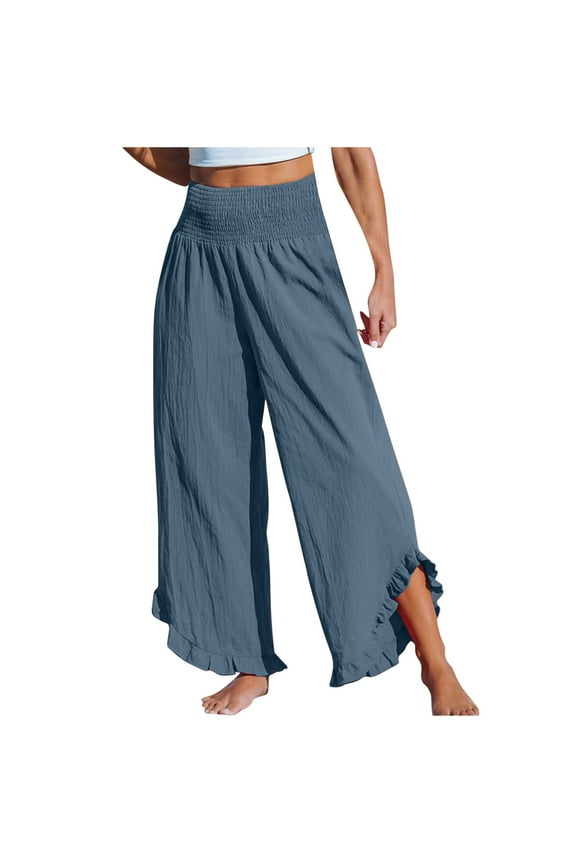 Wide Leg Womens Casual Pants Long High Waisted Trousers Ruffle Loose Pants with Pockets