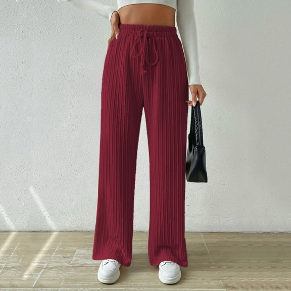 QUINDOS Wide Leg Womens Plus Size Pants Long High Waisted Casual Pants Knit Drawstring Straight Fit Trousers with Pockets