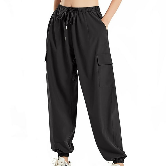 QUINDOS Women Cargo Pants Black High Waisted Long Taper Womens Plus Size Pants Casual Drawstring Loose Combat Pants with Pockets