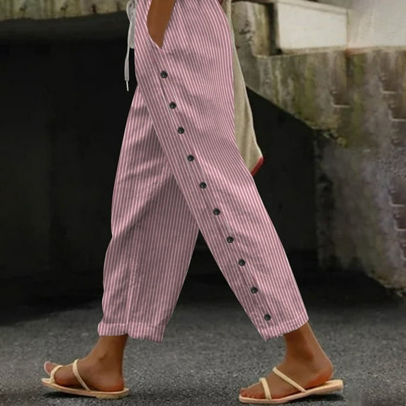 QUINDOS Women Pants Casual Straight Leg Ankle Length High Waisted Pants Cotton Linen Button Striped Relaxed Fit Trousers