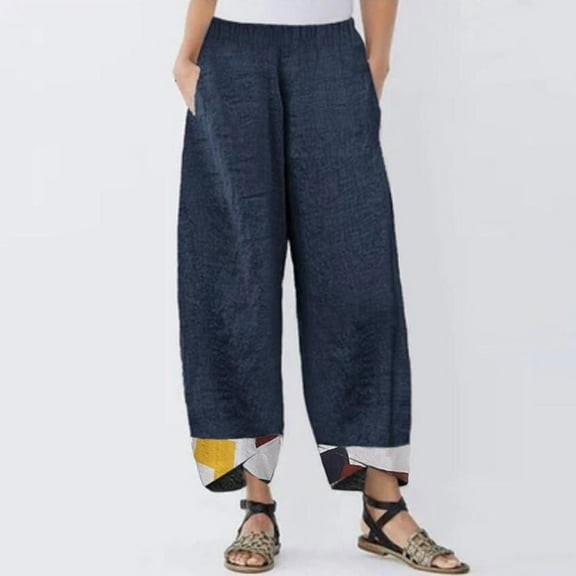 QUINDOS Women Pants Casual Straight Leg High Waisted Long Pants Cotton Linen Boho Loose Trousers with Pockets
