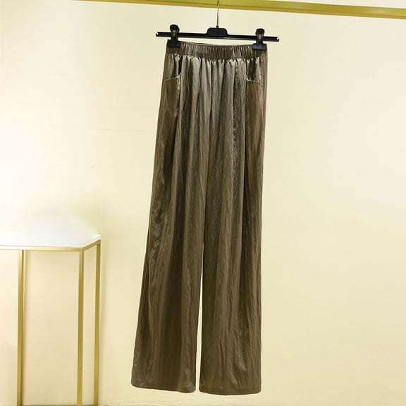 QUINDOS Women Pants Casual Wide Leg High Waisted Long Pants Cotton Elastic Waist Loose Trousers