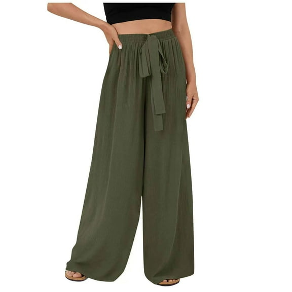 QUINDOS Women Pants Dressy Casual Wide Leg High Waisted Full Length Trousers Drawstring Loose Pants with Pockets