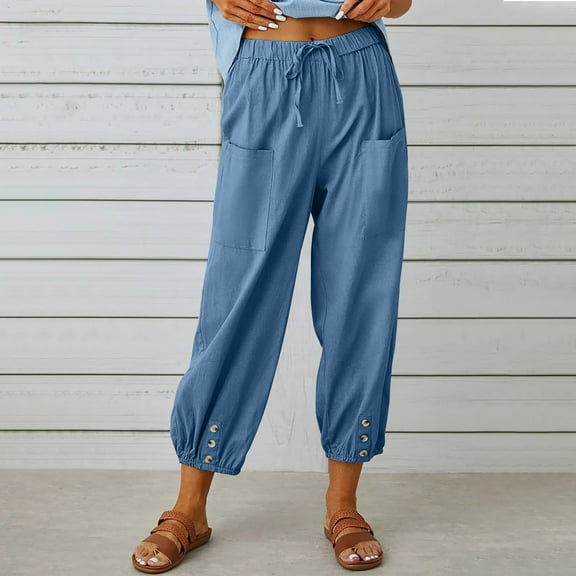QUINDOS Women Pants Straight Leg Cropped High Waisted Casual Trousers Cotton Linen Button Relaxed Fit Pants with Pockets