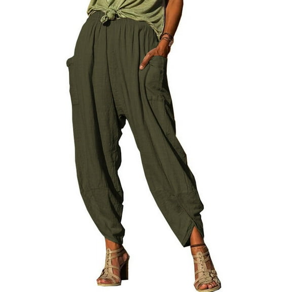 QUINDOS Women Pants Straight Leg High Waisted Ankle Length Casual Pants Cotton Linen Relaxed Fit Trousers with Pockets