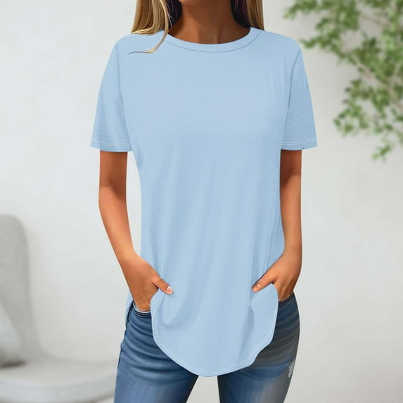 QUINDOS Women T-Shirts Tunic Short Sleeve Blue Summer Plus Size Tops for Women Solid Crew Neck Party Tops