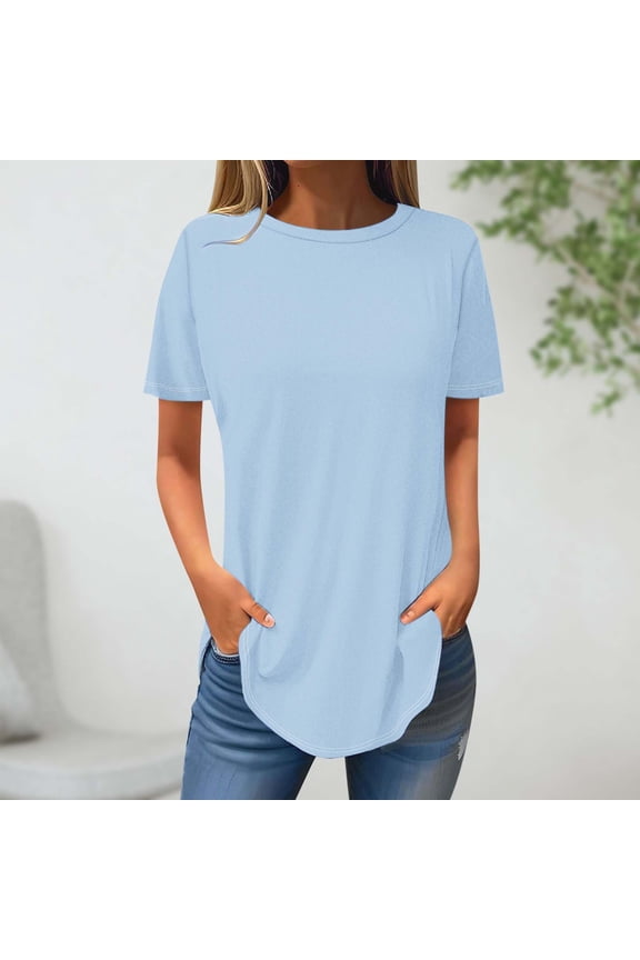 Women T-Shirts Tunic Short Sleeve Blue Summer Plus Size Tops for Women Solid Crew Neck Party Tops