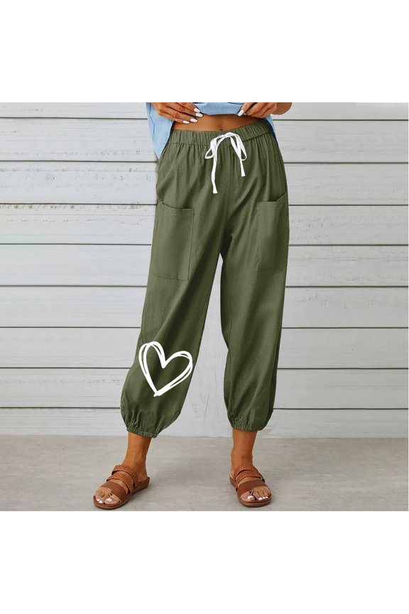 Women's Casual Pants Taper Ankle Length High Waisted Sweatpants Cotton Linen Heart Print Athletic Fit Pants with Pockets