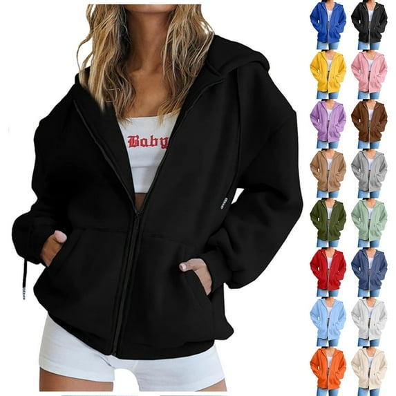 QUINDOS Women's Hoodies and Sweatshirts Zip up Zipper Jacket Sweatshirts for Women Casual Long Sleeve Plain Crew Neck Pullover Tops