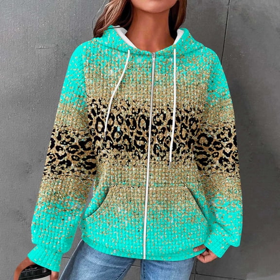 QUINDOS Women's Hoodies and Sweatshirts Zip up Waffle Knit Leopard Sweatshirts for Women Plus Size Casual Graphic Long Sleeve Crew Neck Pullover Tops