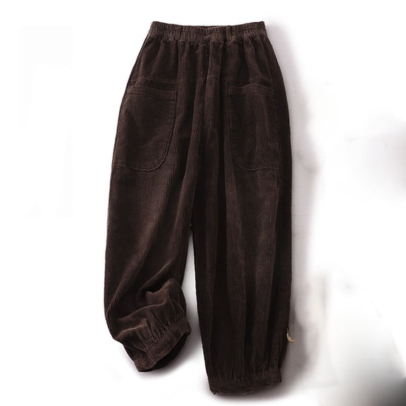 QUINDOS Women's Pants Straight Leg High Waisted Long Casual Trousers Cotton Pull on Relaxed Fit Pants with Pockets