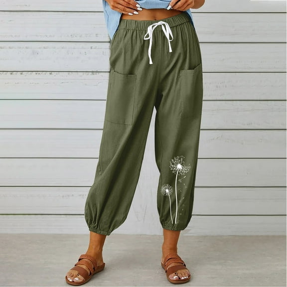 QUINDOS Women's Pants Taper Ankle Length High Waisted Activewear Sweatpants Cotton Linen Print Athletic Fit Pants with Pockets