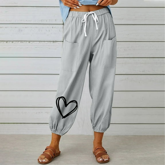 QUINDOS Women's Pants Taper Ankle Length High Waisted Outerwear Sweatpants Cotton Linen Heart Print Athletic Fit Pants with Pockets